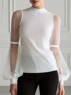 Mock-Neck Sheer Pleated Balloon Sleeve Knit Top