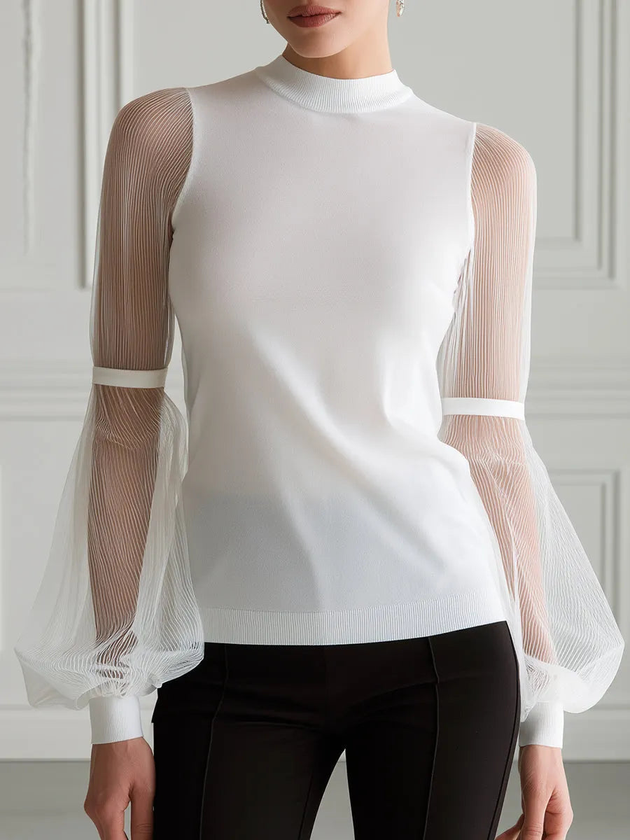Mock-Neck Sheer Pleated Balloon Sleeve Knit Top