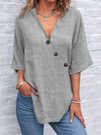 Women's Solid Color Button Linen V-neck T-shirt