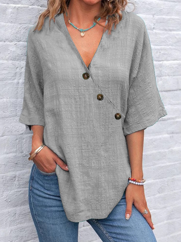 Women's Solid Color Button Linen V-neck T-shirt