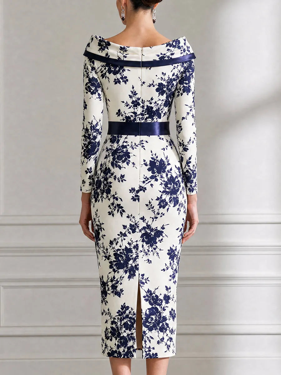 Elegant Navy Floral Printed Satin Sheath Midi Dress