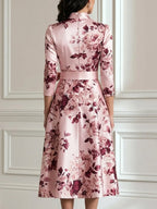 Pink Floral Printed Satin High Neck Midi Dress