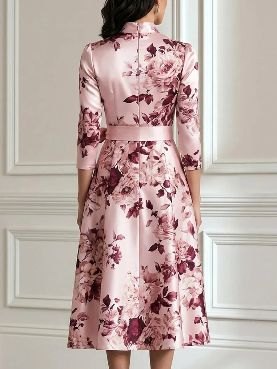 Pink Floral Printed Satin High Neck Midi Dress