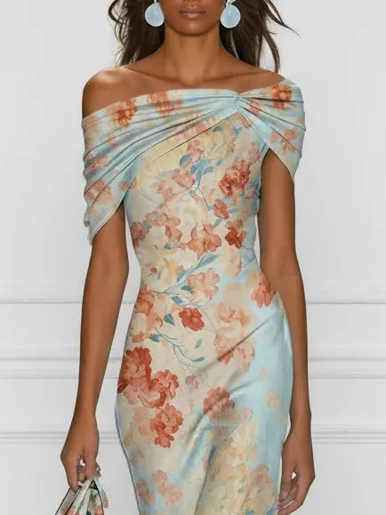 Blue Floral The Shoulder Sleeveless Mermaid Midi Dress
