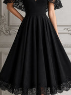 Black Lace Dress Fall Wedding Guest Dress Cape Sleeve A-Line Midi Dress