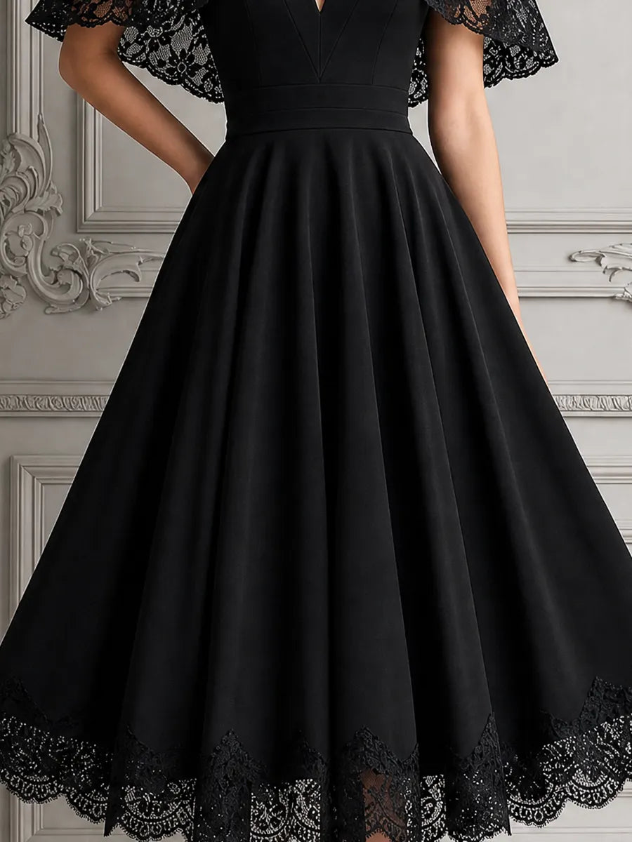 Black Lace Dress Fall Wedding Guest Dress Cape Sleeve A-Line Midi Dress