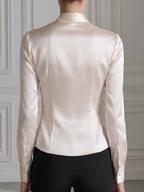 Floral Embroidered Mandarin Collar Satin Shirt