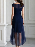 Sheer Boat Neck Ruched Tulle Overlay Train Midi Dress