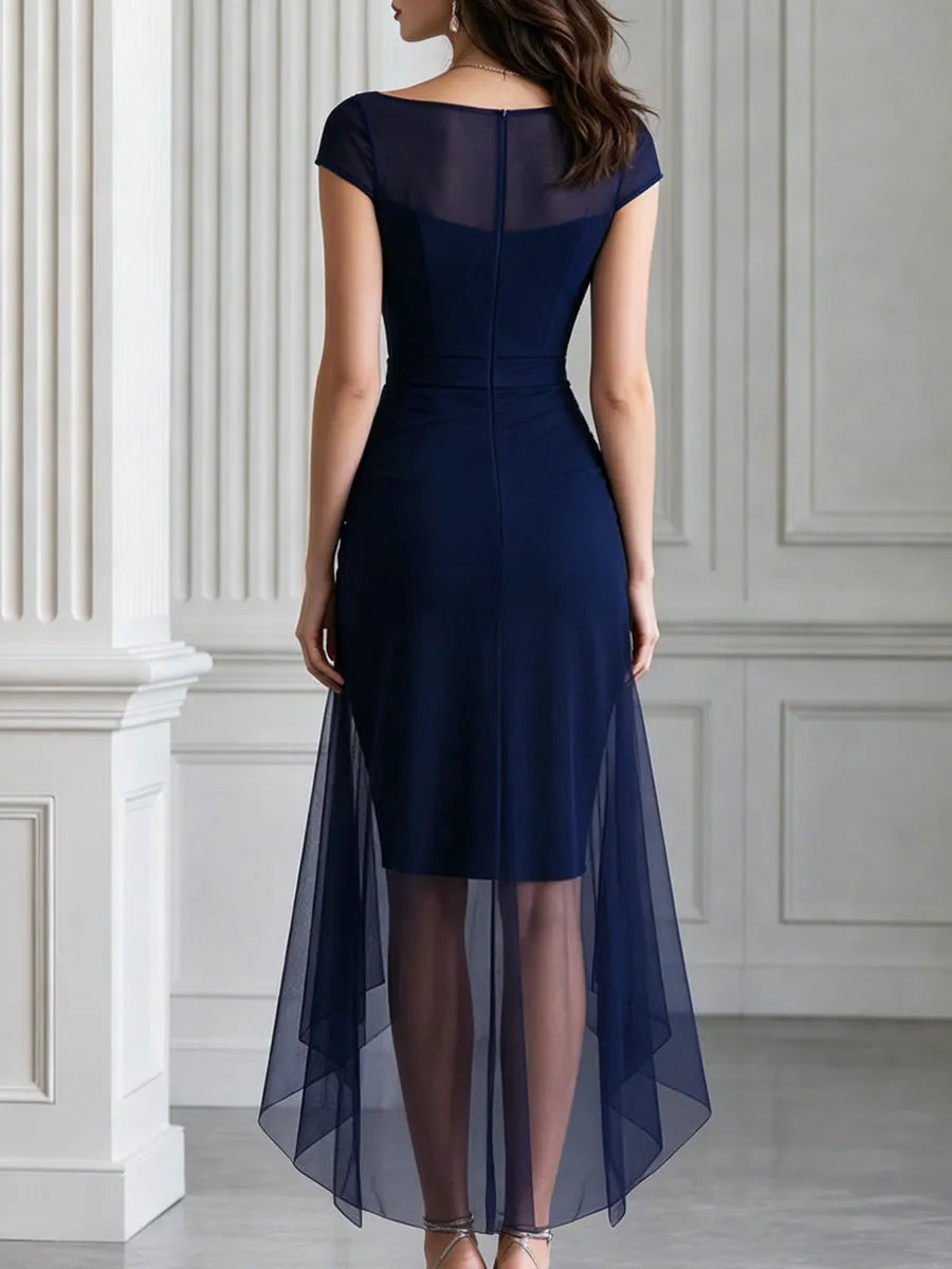 Sheer Boat Neck Ruched Tulle Overlay Train Midi Dress
