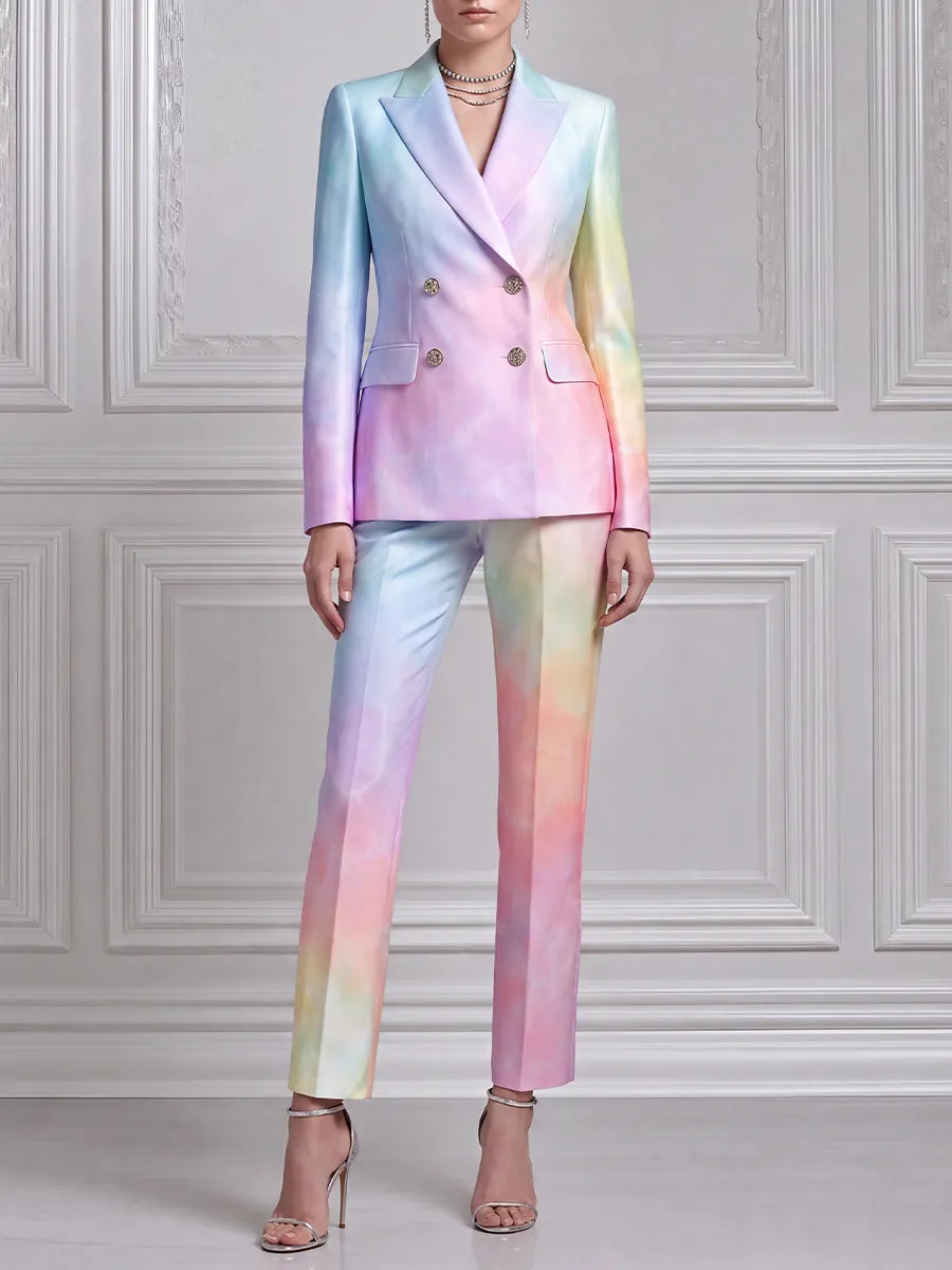 Pastel Watercolor Double Breasted Blazer & Flare Pants Set