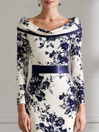 Elegant Navy Floral Printed Satin Sheath Midi Dress
