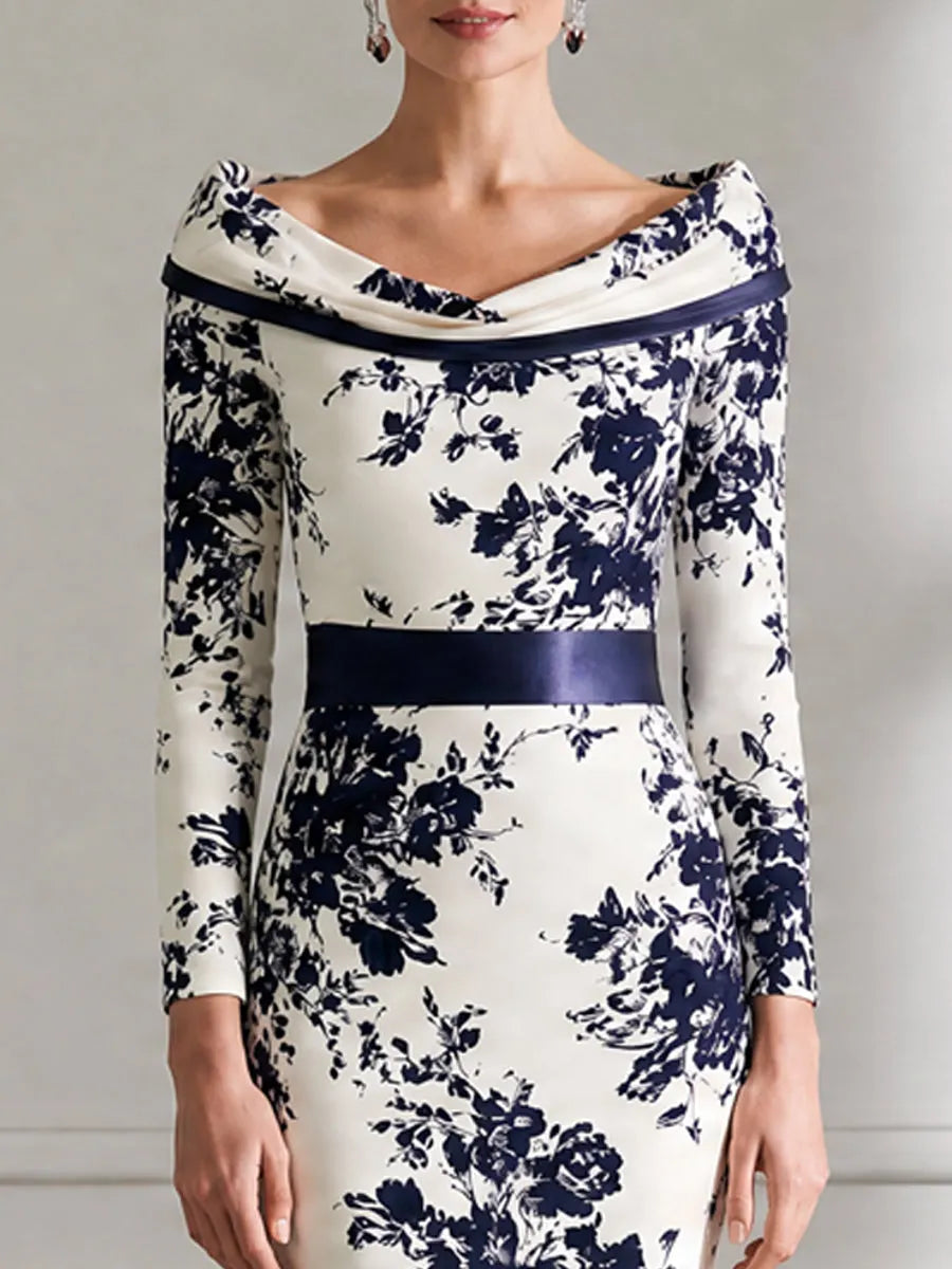 Elegant Navy Floral Printed Satin Sheath Midi Dress