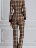 Brown Plaid Preppy Velvet Lapel Blazer & Flare Pants Set