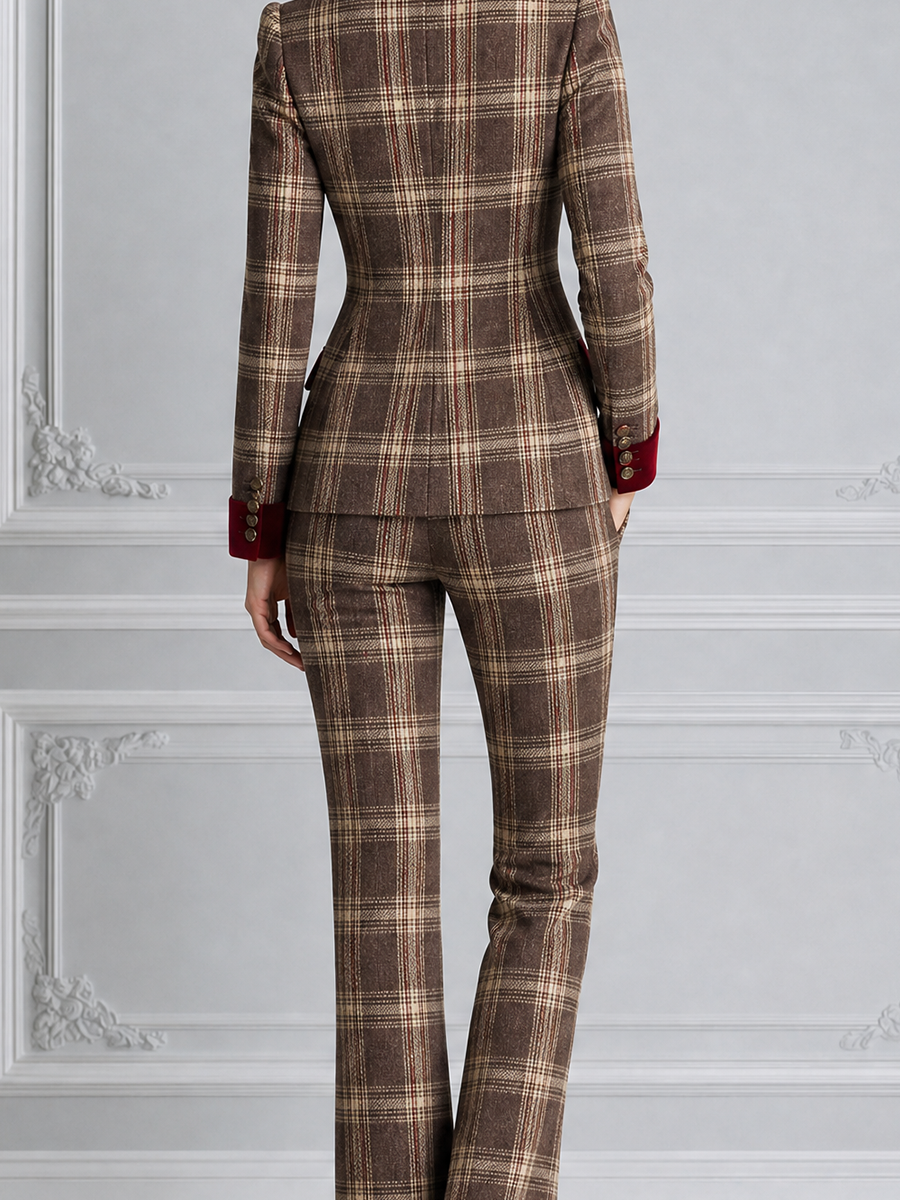 Brown Plaid Preppy Velvet Lapel Blazer & Flare Pants Set