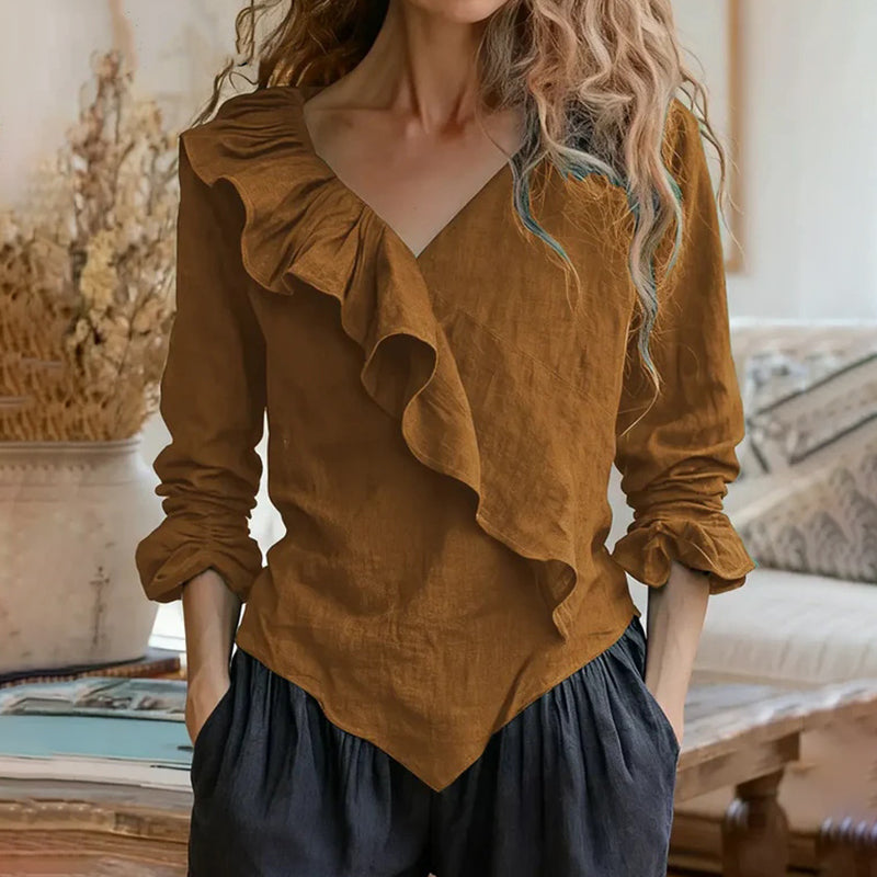 Women's Elegant Ruffled Cotton Linen Top