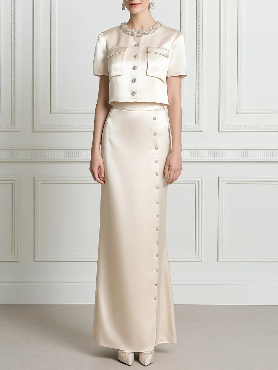 Elegant Satin Beaded Crop Top & Maxi Skirt Two-Piece Set