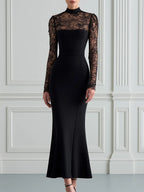 High-Neck Lace Panel Mermaid Maxi Dress