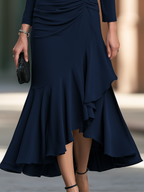 Elegant Keyhole Neck Long Sleeve Ruched Asymmetric Ruffle Hem Cocktail Dress