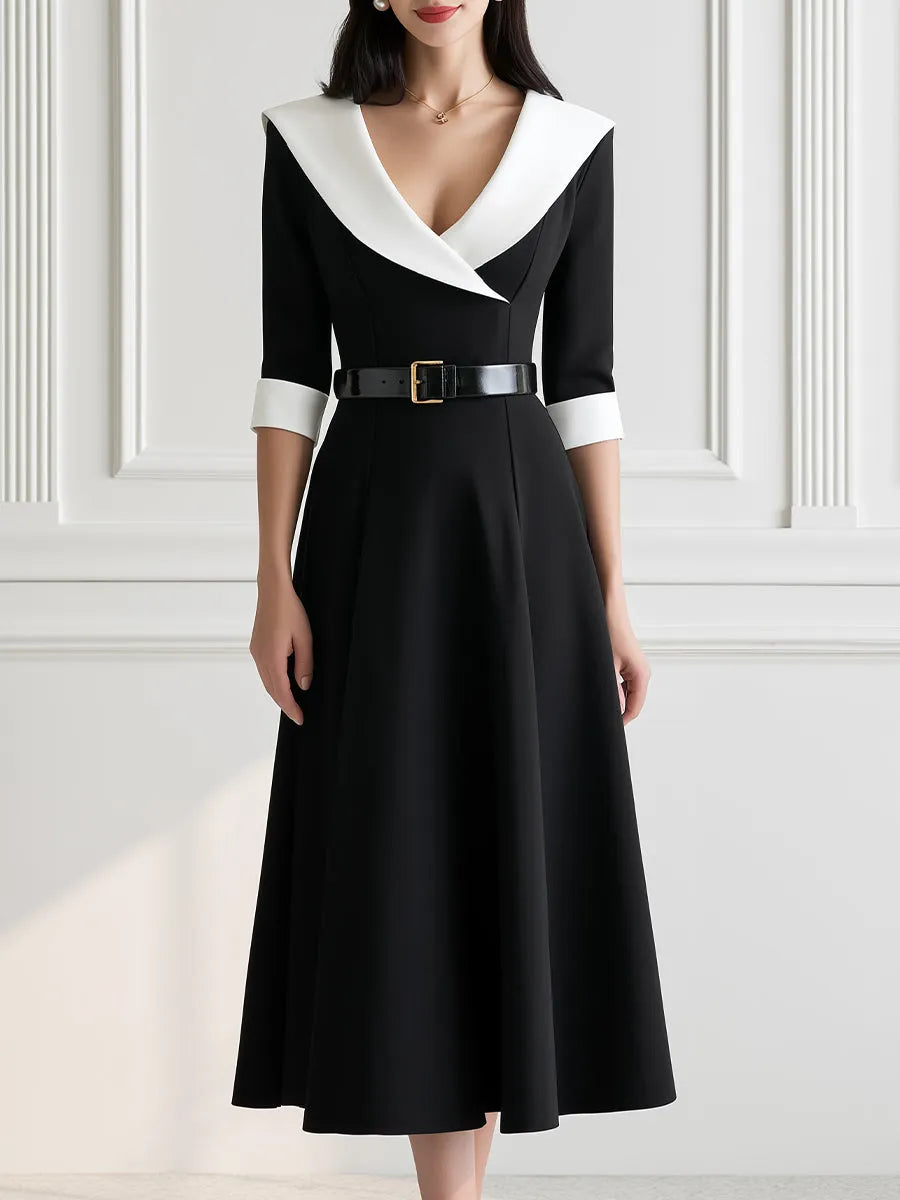 Elegant Contrast Collar Belted A-Line Midi Dress with 3/4 Sleeves