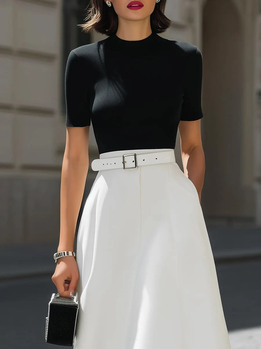 Short-Sleeve Mock Neck Top & White Belted A-Line Midi Skirt Two-Piece Set