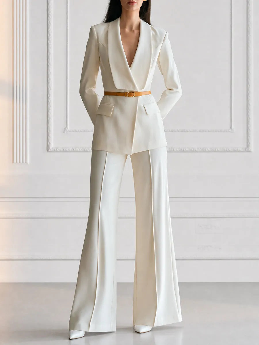 Belted Shawl Collar Blazer & Wide-Leg Flare Pants Suit Set