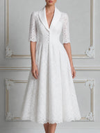 White Lace Shawl Collar Button Front A-Line Midi Dress