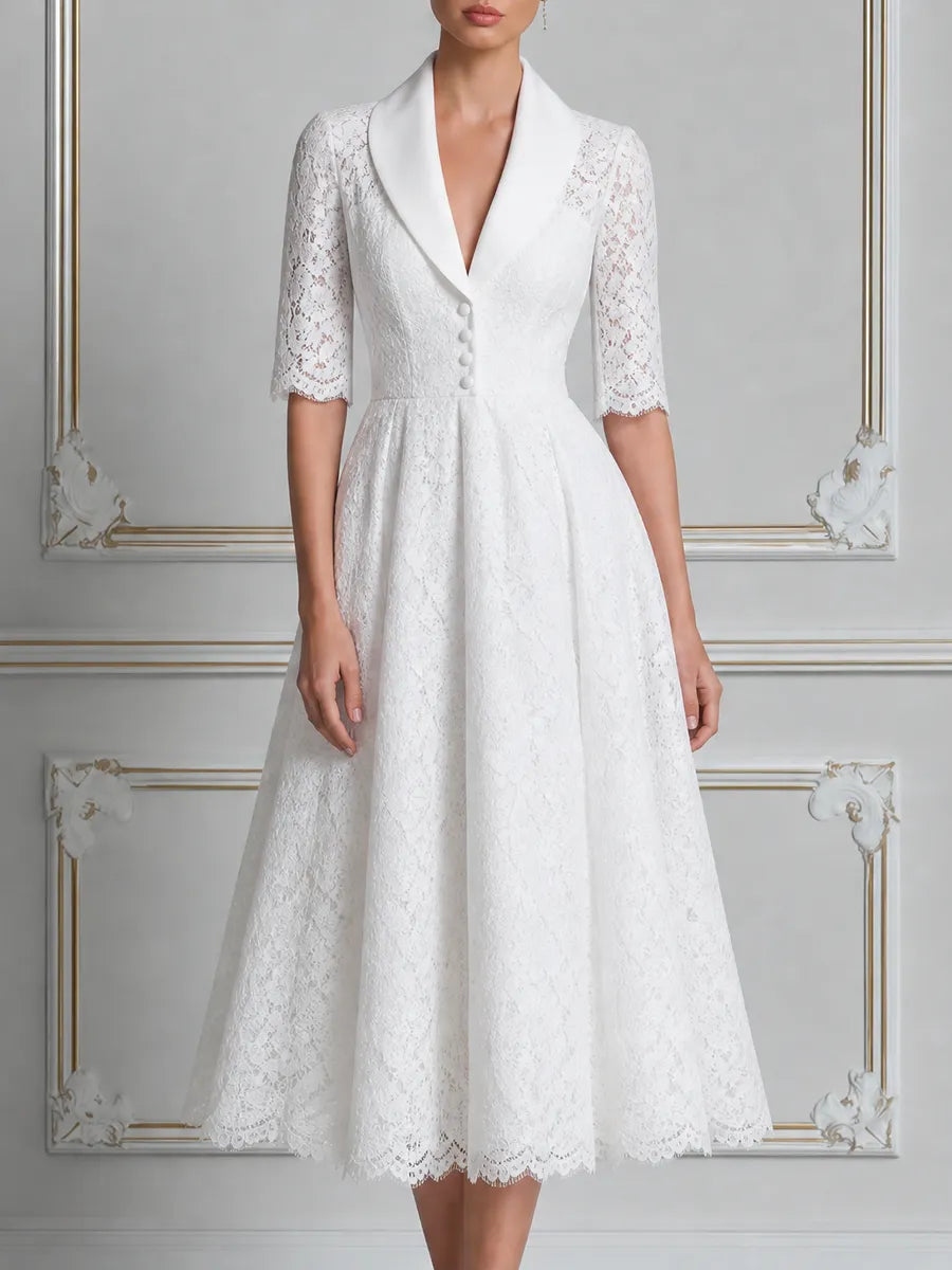 White Lace Shawl Collar Button Front A-Line Midi Dress