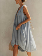 Blue Cotton Blend Sleeveless Balloon Midi Dress