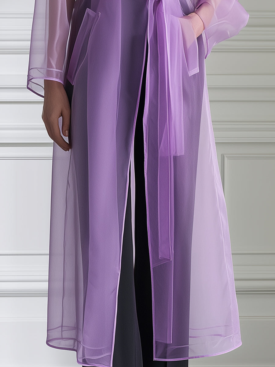 Sheer Organza Belted Trench Coat And Camisole Set