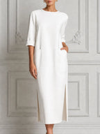 White Dress Stockholm Style Patch Pocket Slit Midi Dress
