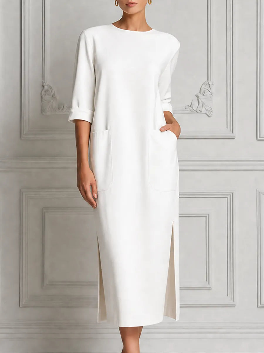 White Dress Stockholm Style Patch Pocket Slit Midi Dress
