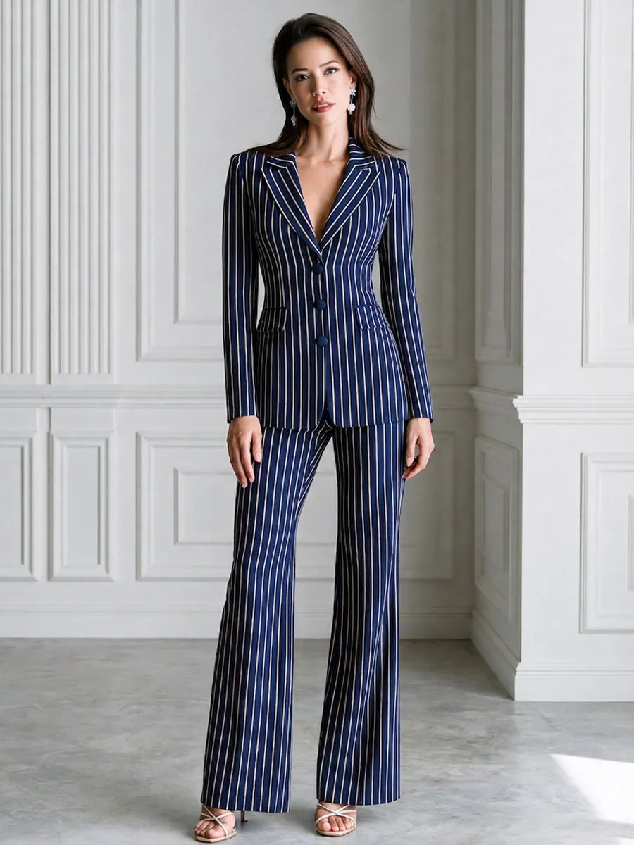 Vertical Stripe Notched Lapel Blazer & Flare Pants Suit