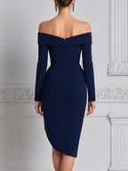 Navy Dress Fall Wedding Guest Dress Off Shoulder Ruffle Pencil Midi Dress