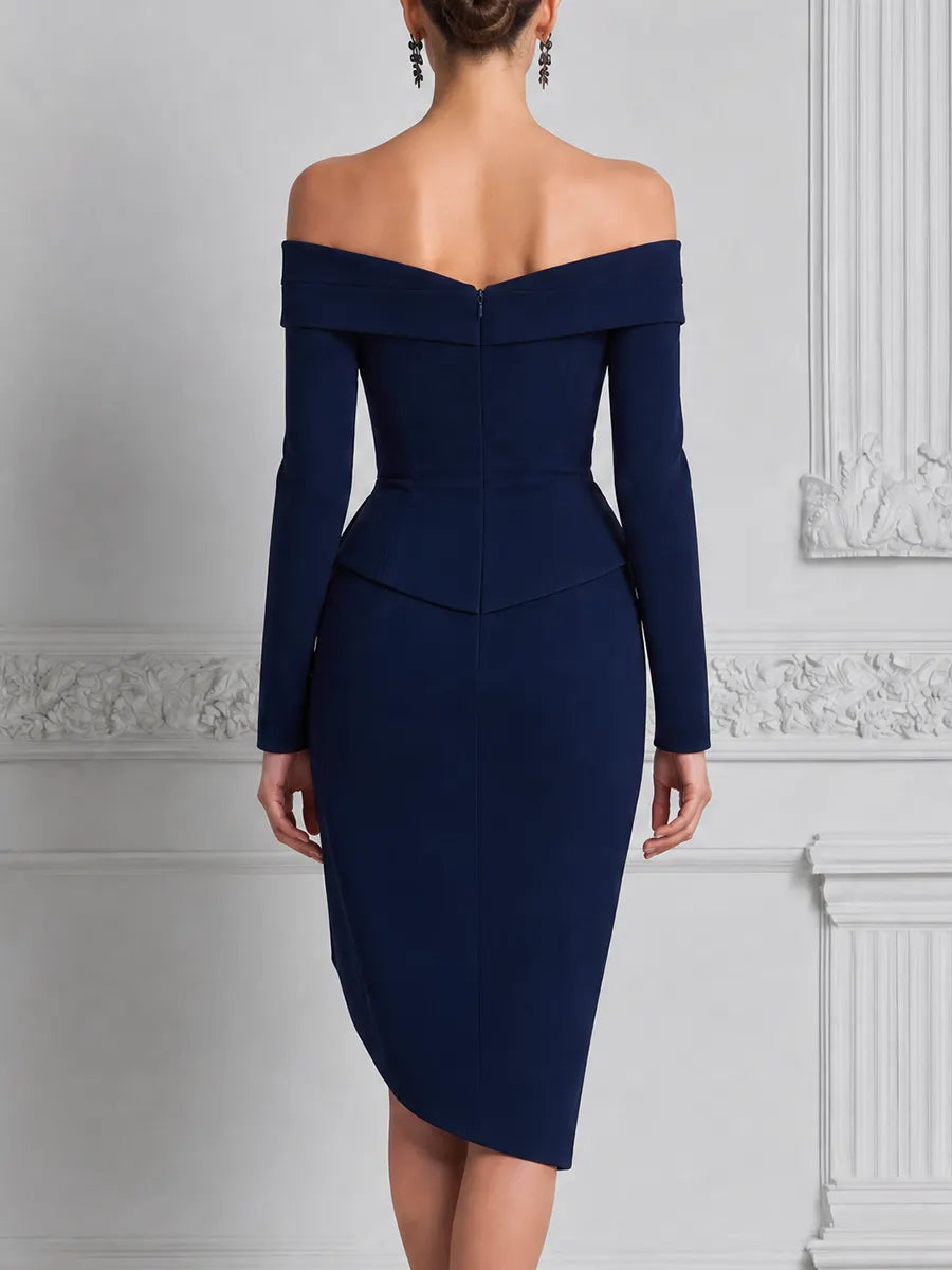 Navy Dress Fall Wedding Guest Dress Off Shoulder Ruffle Pencil Midi Dress