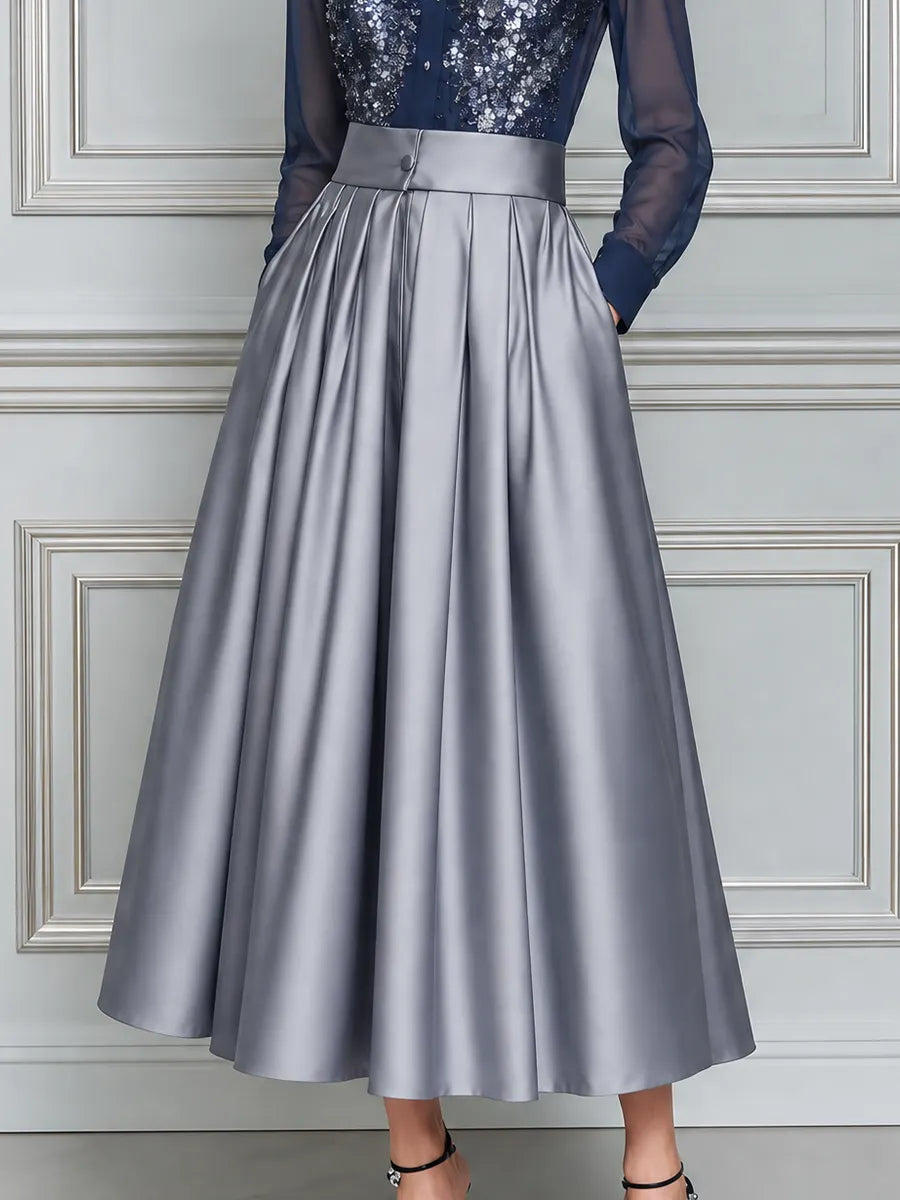 Navy Sequin Shirt And Silver Pleated Skirt Two-Piece Set