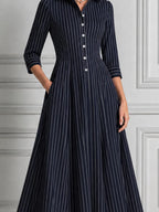 Navy Pinstripe Shirt Collar Button Front Pleated A-Line Midi Dress