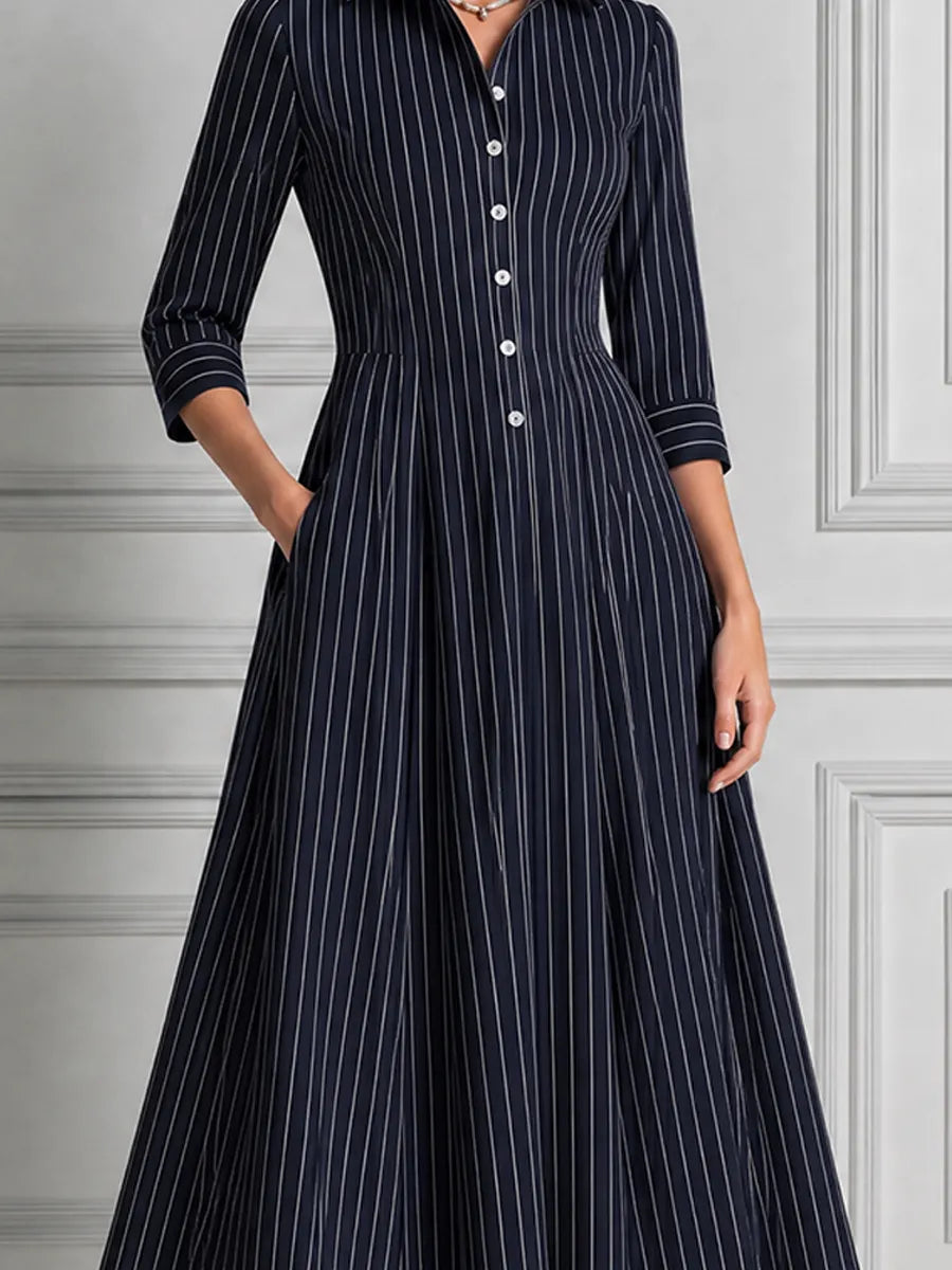 Navy Pinstripe Shirt Collar Button Front Pleated A-Line Midi Dress