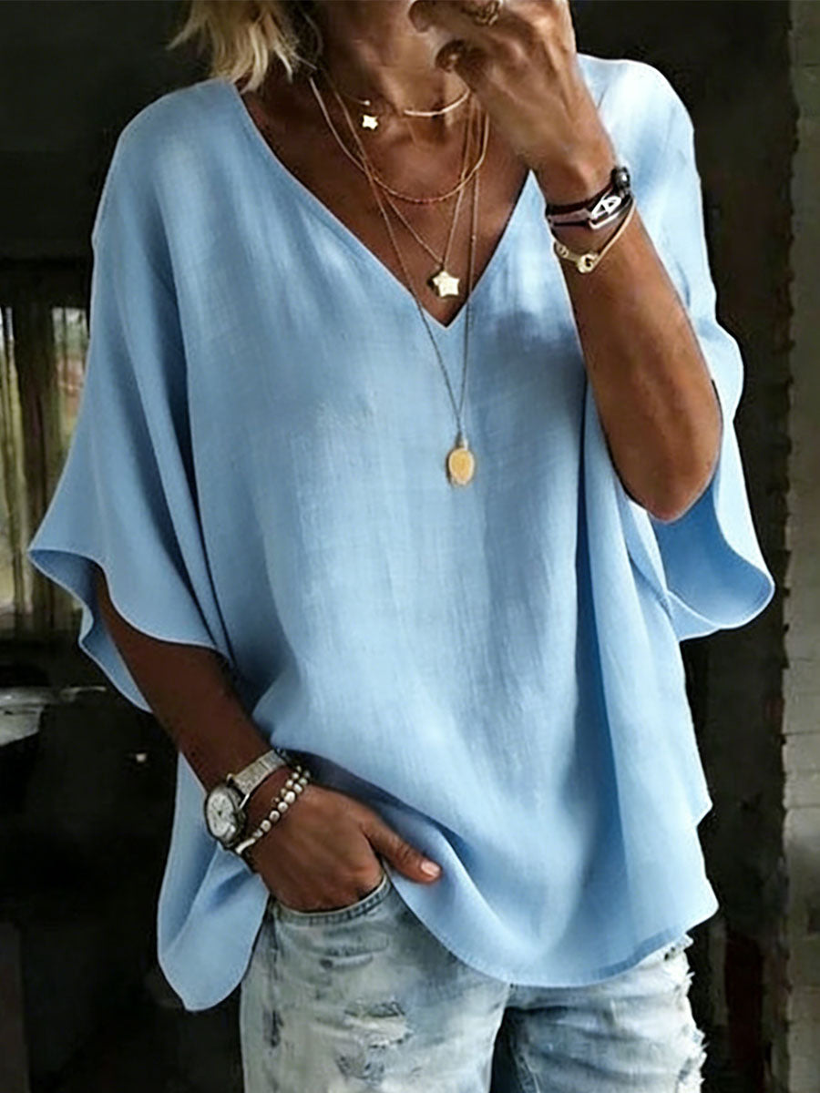 Women's 100% Cotton Classic Loose Fit V Neck Dolman Sleeve T-shirt