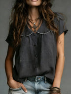 Women's Comfortable Color Blocking Simple Short-sleeve Cotton Shirt