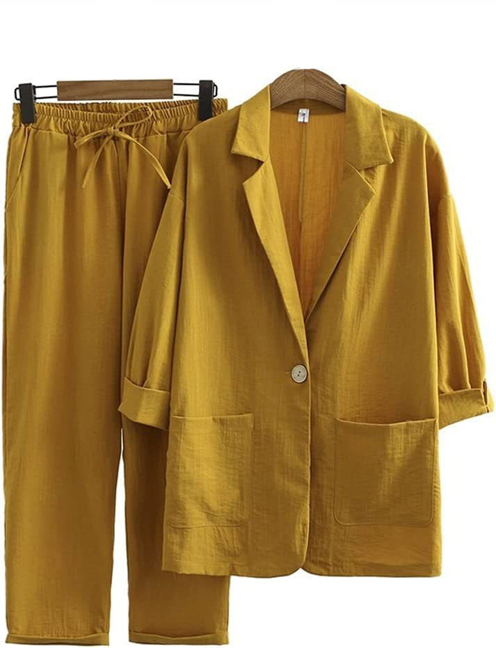 Women'S Commuter Suits Cotton And Linen Jacket Pants Pocket Loose Fashion Casual Suit