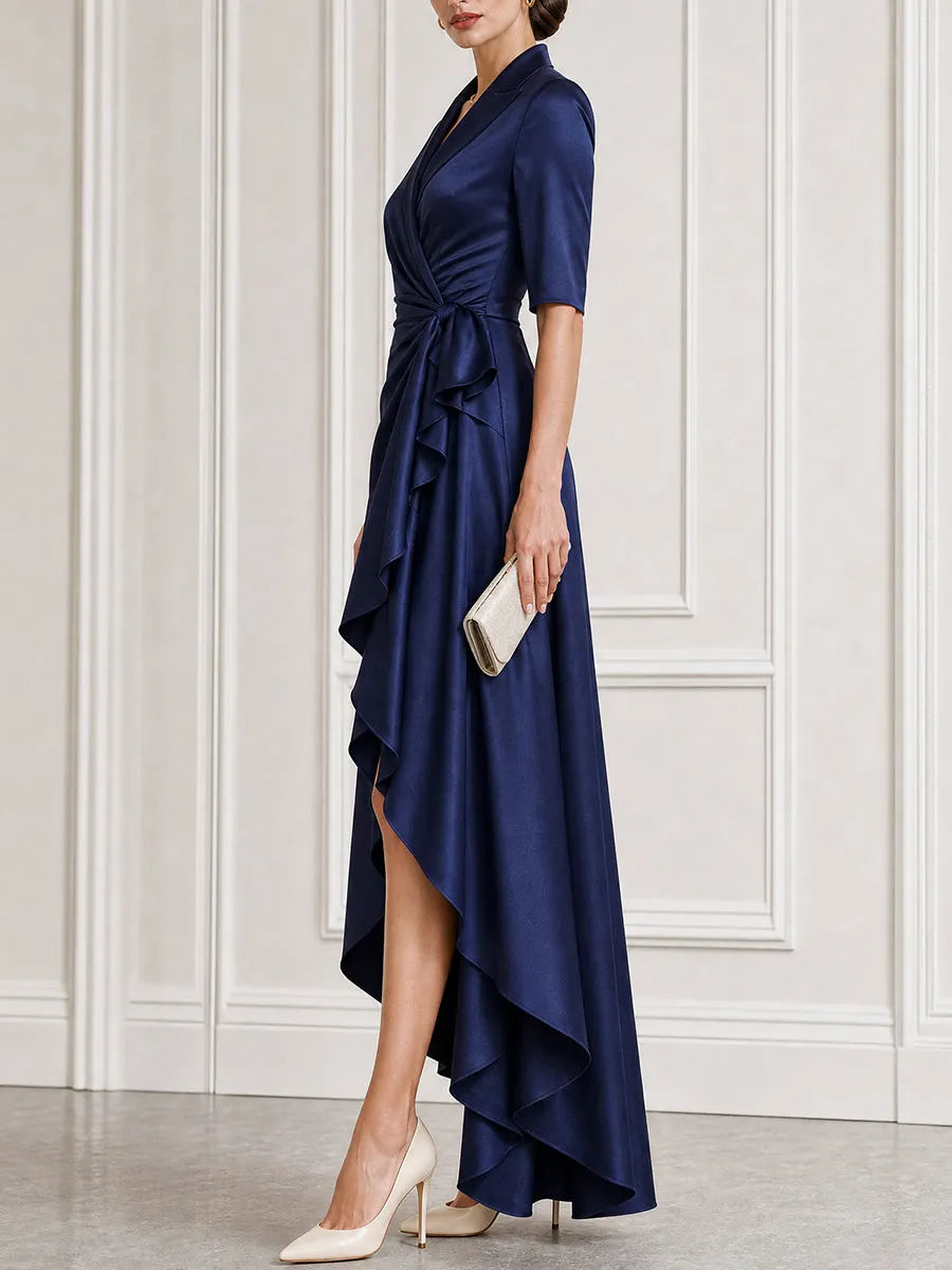 Satin Lapel-Collar Wrap High-Low Maxi Gown