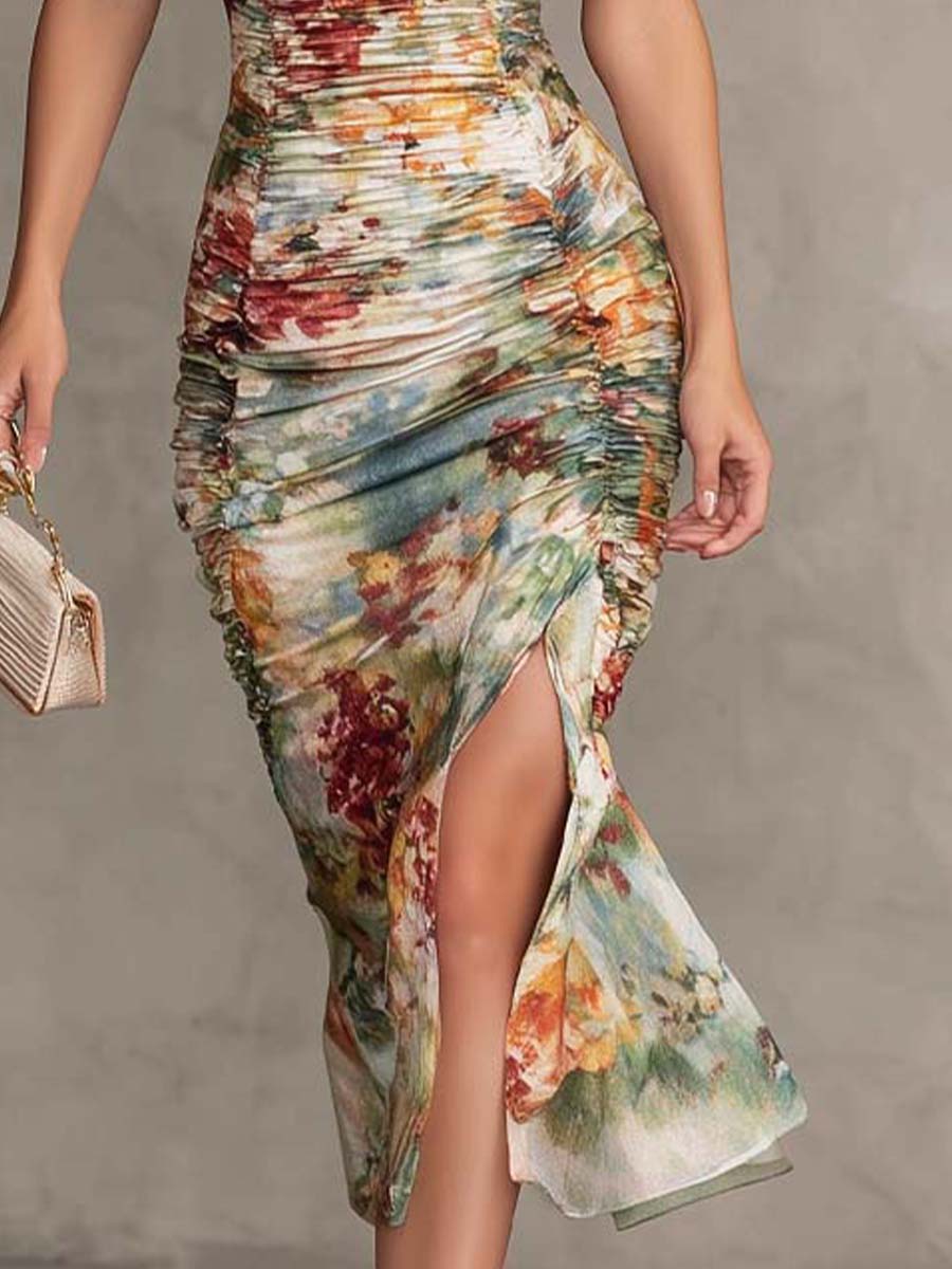 Floral Print Square Neckline Ruched Side Slit Bodycon Midi Dress