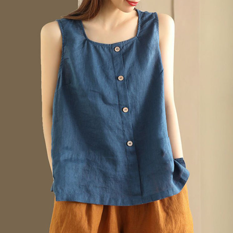 Vintage Button Down Cotton Linen Casual Tank Top