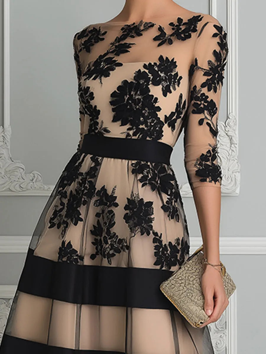 Floral Lace Illusion A-Line Midi Dress