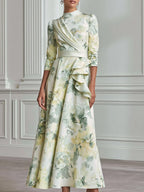 Watercolor Floral Print Ruffle Trim Acetate Satin Maxi Dress
