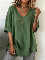 Women's Casual Loose V-neck Solid Color Short Sleeve Shirt
