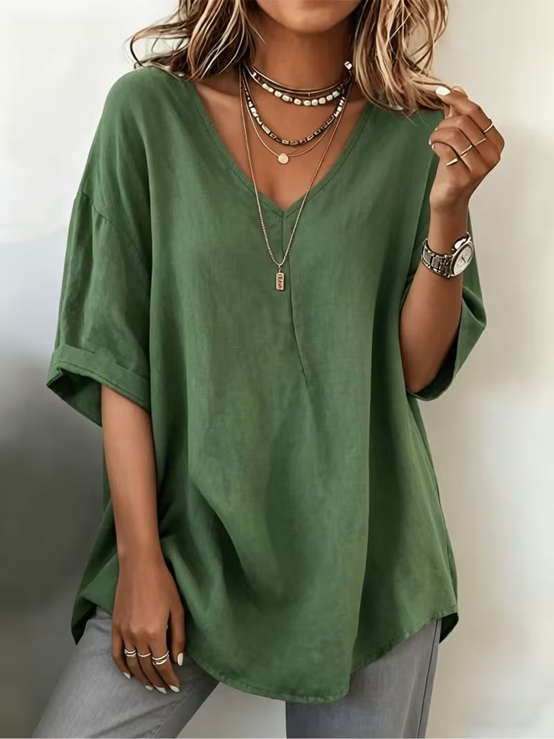 Women's Casual Loose V-neck Solid Color Short Sleeve Shirt