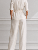 Ivory Linen Stand Collar Belted Jacket & Wide Leg Trousers Two-Piece Suit Set