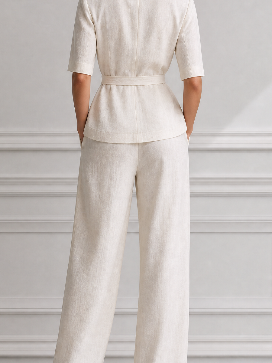 Ivory Linen Stand Collar Belted Jacket & Wide Leg Trousers Two-Piece Suit Set