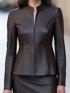 Chocolate Brown Leather Jacket With Mermaid Midi Skirt Set